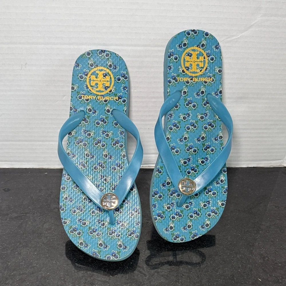 Tory Burch Blueberry Floral Flip Flop Sandals Size 9